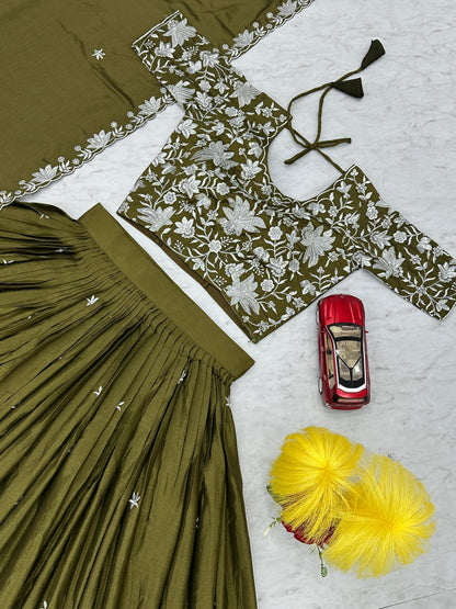 Wedding Wear Mahendi Green Color Chinon With Embroidery Thread Work Designer Lehenga Choli