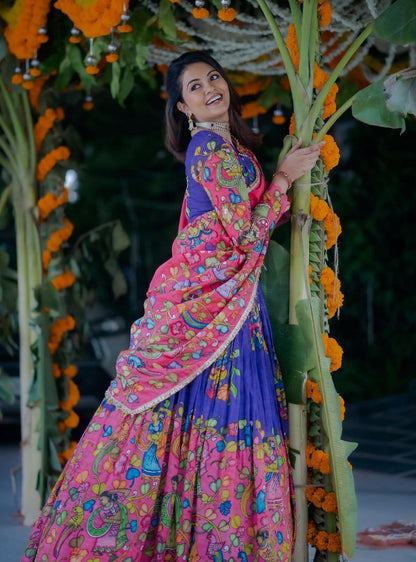 Glorious Pink And Blue Color Cotton And Kalamkari Printed Beautiful Lehenga Choli