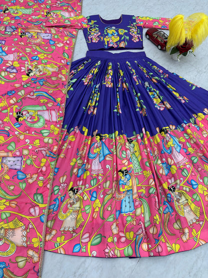 Glorious Pink And Blue Color Cotton And Kalamkari Printed Beautiful Lehenga Choli