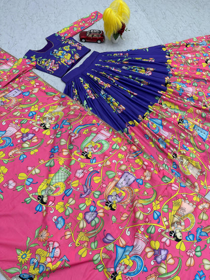 Glorious Pink And Blue Color Cotton And Kalamkari Printed Beautiful Lehenga Choli