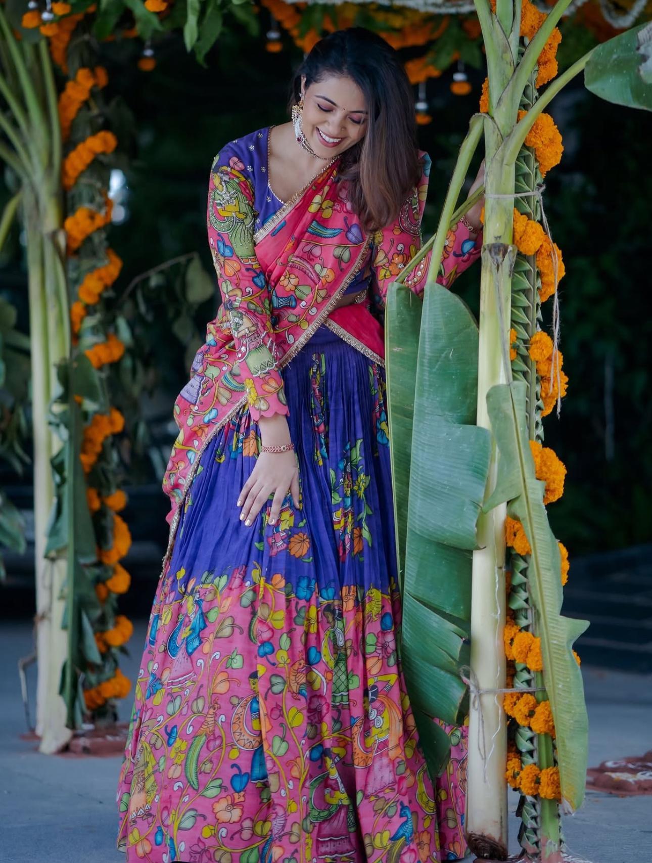 Glorious Pink And Blue Color Cotton And Kalamkari Printed Beautiful Lehenga Choli