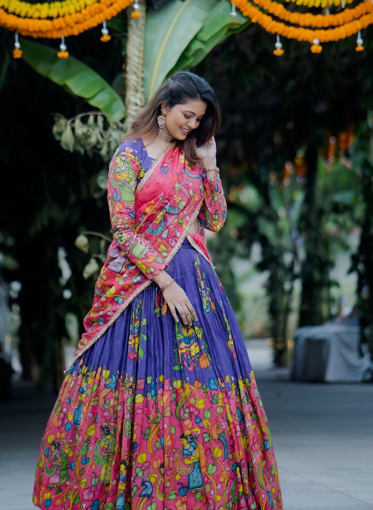 Glorious Pink And Blue Color Cotton And Kalamkari Printed Beautiful Lehenga Choli