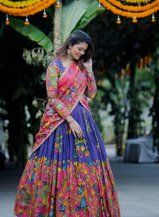Glorious Pink And Blue Color Cotton And Kalamkari Printed Beautiful Lehenga Choli