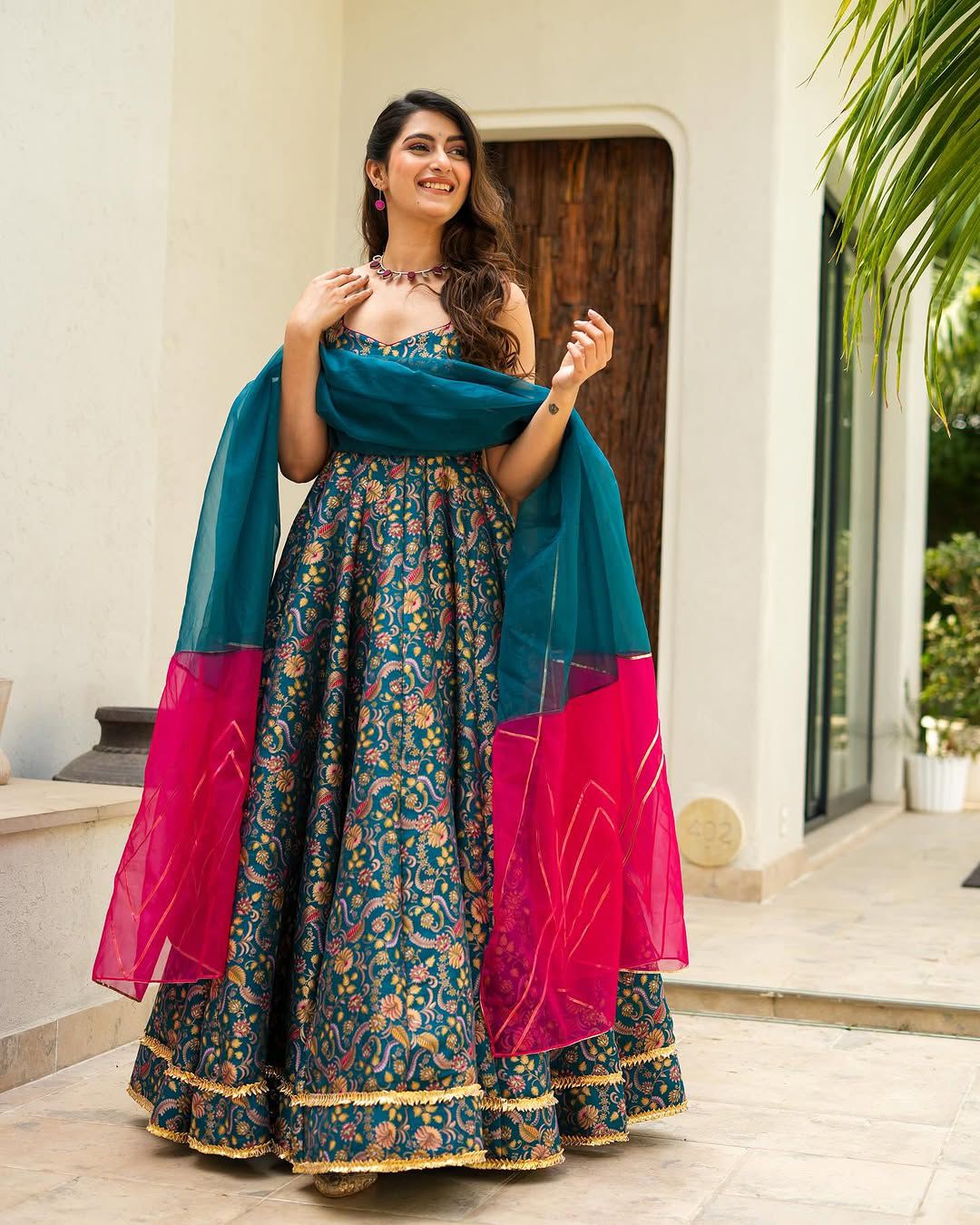 Trendy Teal Color Digital Printed Jimmy Organza Silk Designer Anarkali Gown