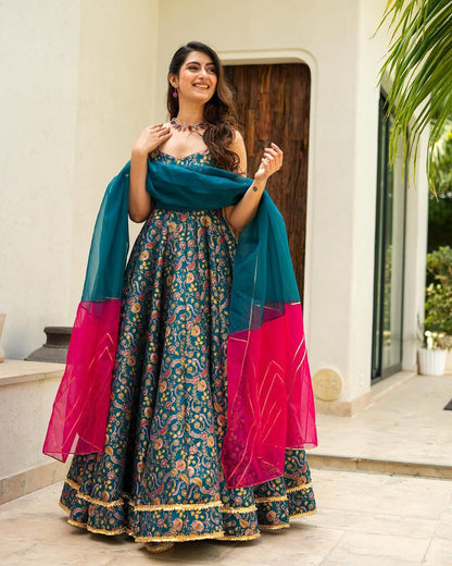 Trendy Teal Color Digital Printed Jimmy Organza Silk Designer Anarkali Gown