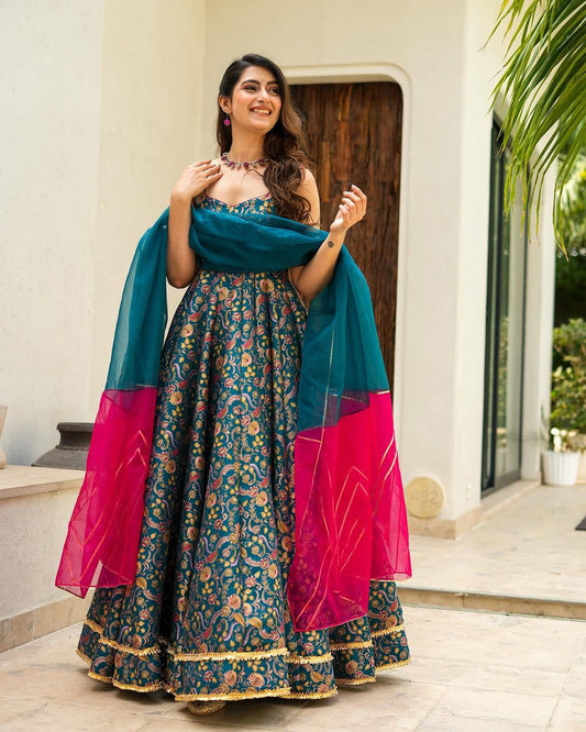 Trendy Teal Color Digital Printed Jimmy Organza Silk Designer Anarkali Gown