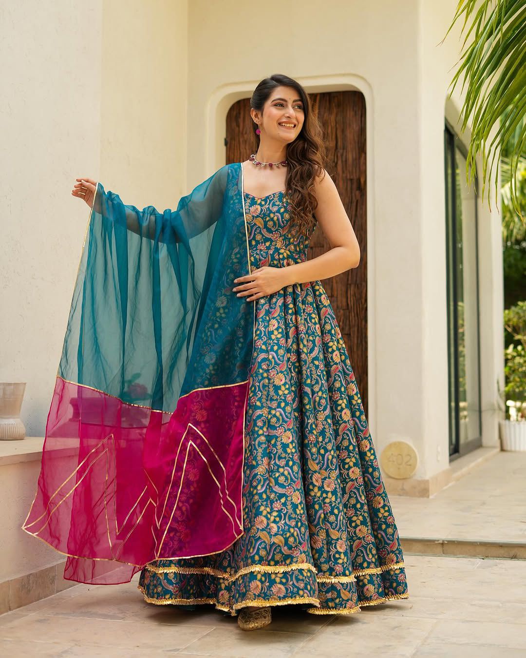 Trendy Teal Color Digital Printed Jimmy Organza Silk Designer Anarkali Gown