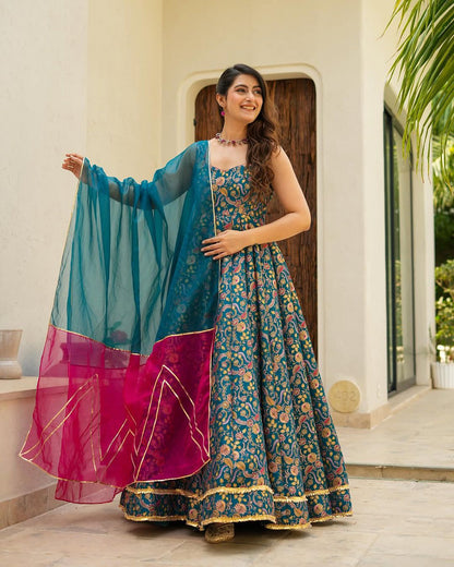 Trendy Teal Color Digital Printed Jimmy Organza Silk Designer Anarkali Gown