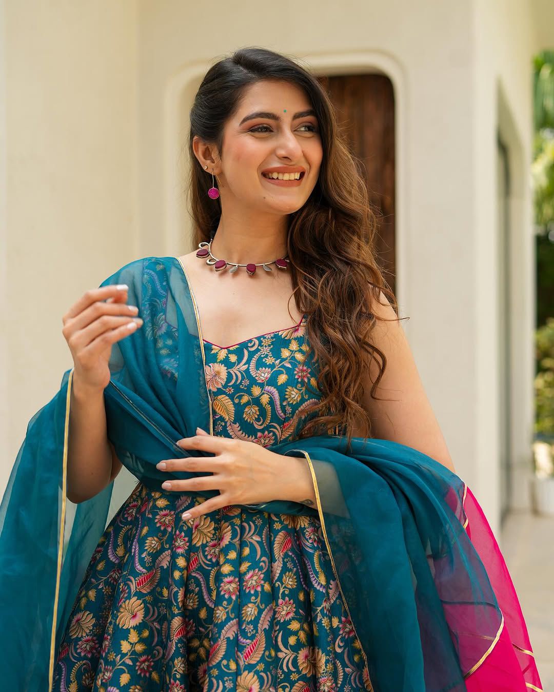 Trendy Teal Color Digital Printed Jimmy Organza Silk Designer Anarkali Gown