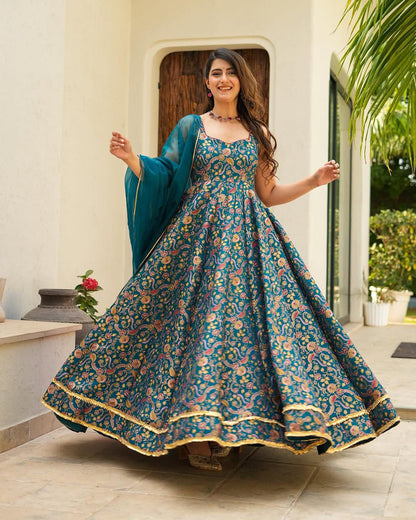 Trendy Teal Color Digital Printed Jimmy Organza Silk Designer Anarkali Gown
