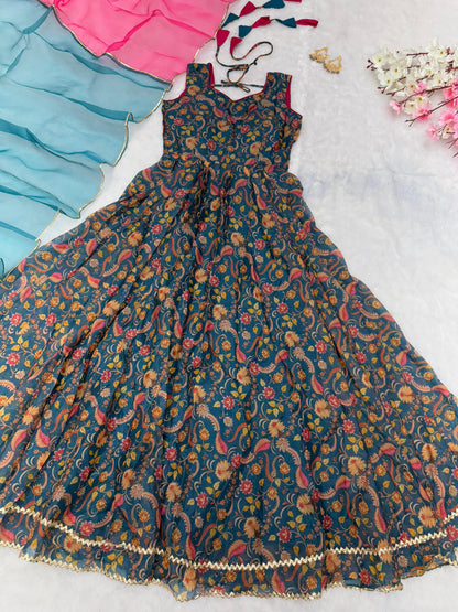 Trendy Teal Color Digital Printed Jimmy Organza Silk Designer Anarkali Gown