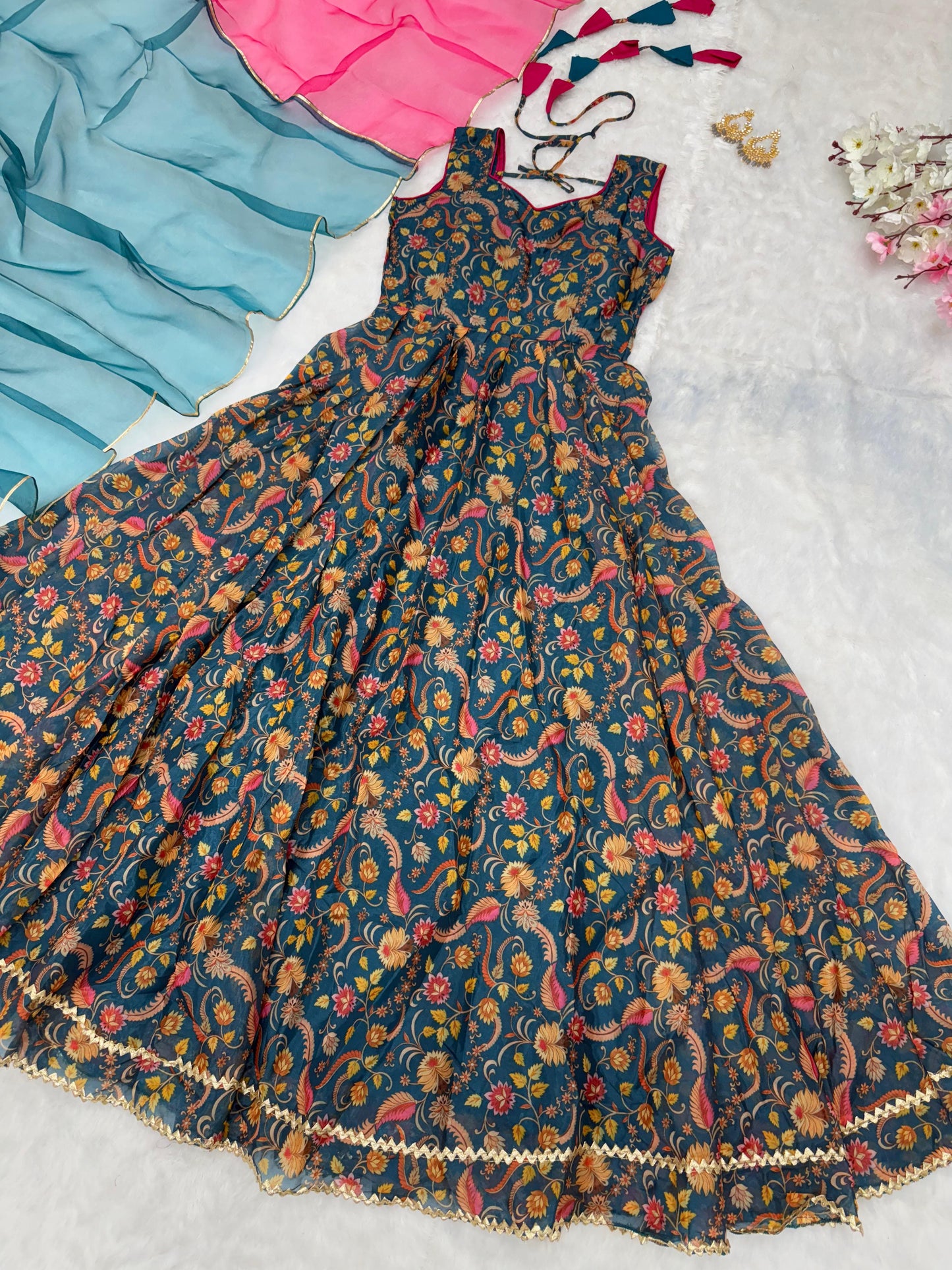 Trendy Teal Color Digital Printed Jimmy Organza Silk Designer Anarkali Gown