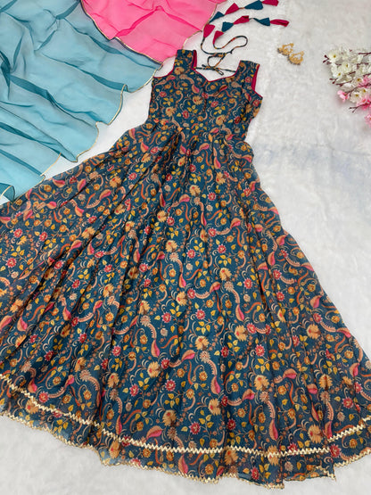 Trendy Teal Color Digital Printed Jimmy Organza Silk Designer Anarkali Gown