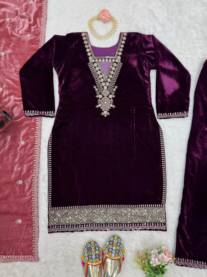 Charming Wine Color Viscos Velvet And Thread With Sequence Designer Velvet Salwar Suit
