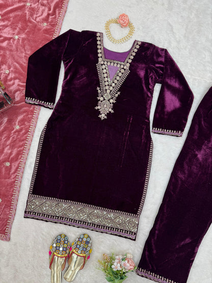 Charming Wine Color Viscos Velvet And Thread With Sequence Designer Velvet Salwar Suit