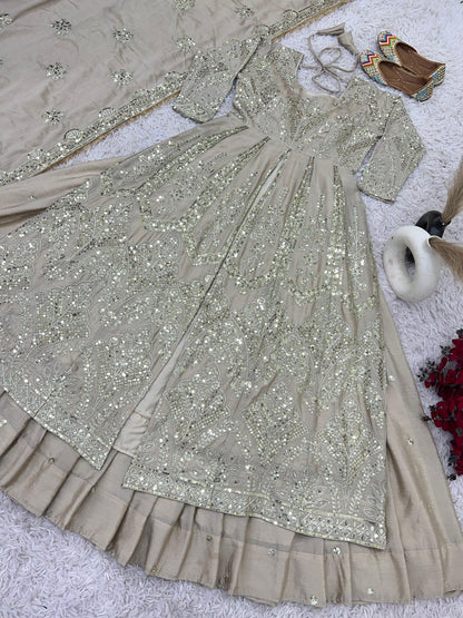 Marvelous Brown Color Pure heavy Chinon Silk With Heavy Embroidery Sequence Work Designer Top With Lehenga