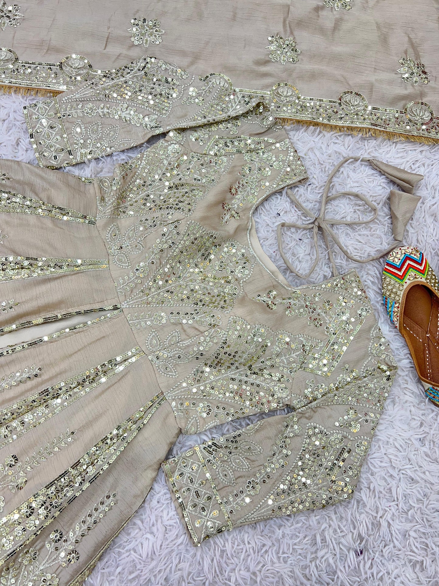 Marvelous Brown Color Pure heavy Chinon Silk With Heavy Embroidery Sequence Work Designer Top With Lehenga