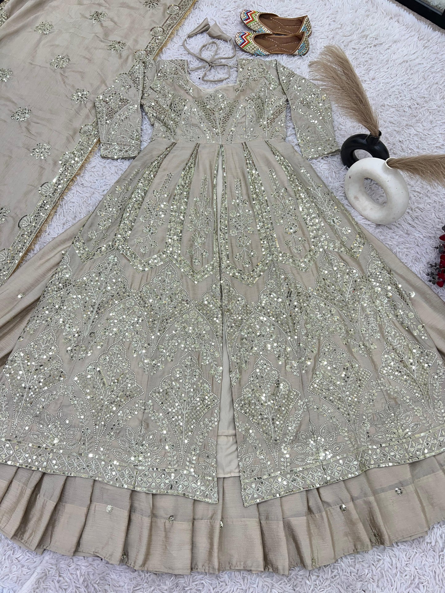 Marvelous Brown Color Pure heavy Chinon Silk With Heavy Embroidery Sequence Work Designer Top With Lehenga
