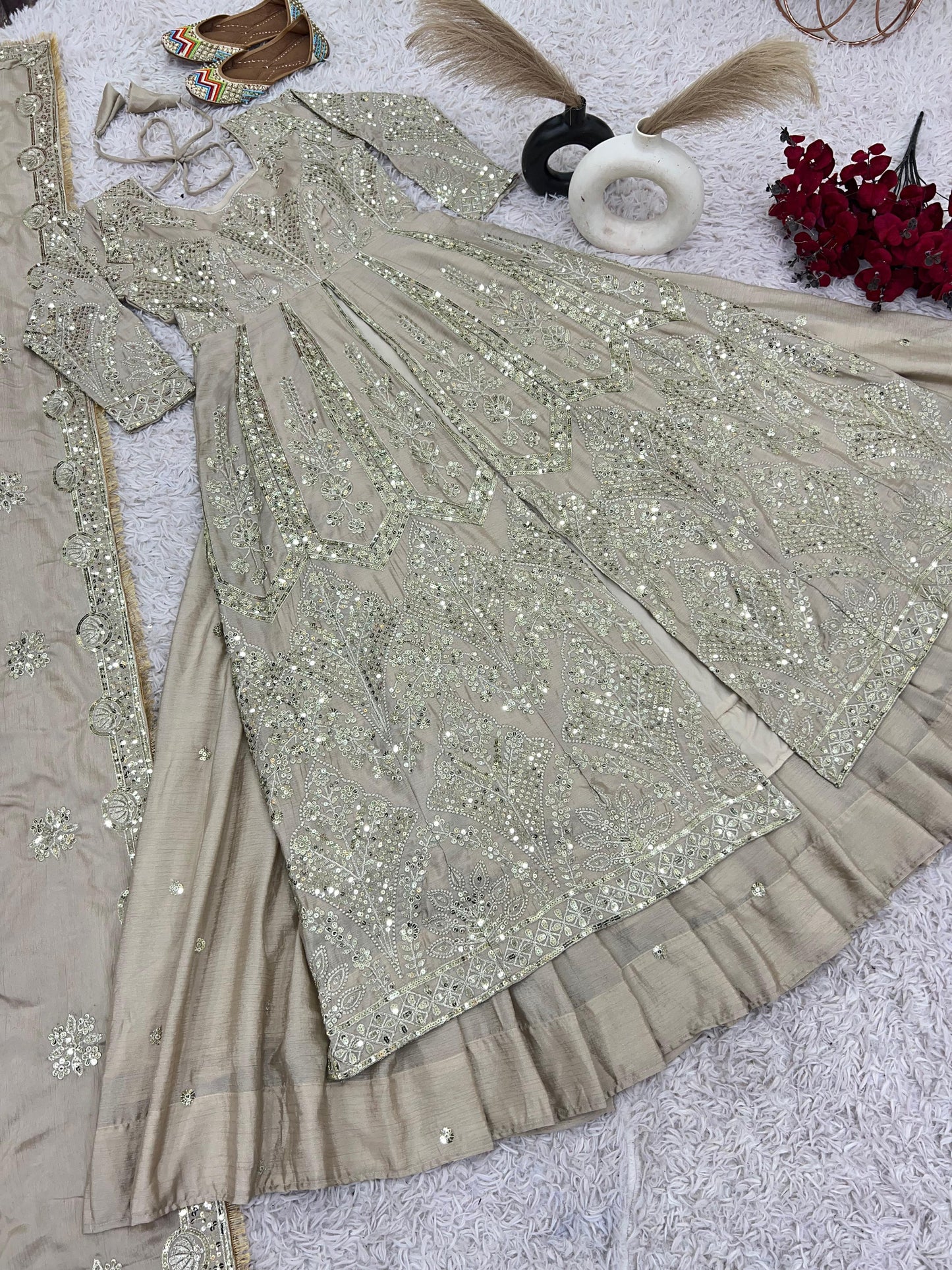 Marvelous Brown Color Pure heavy Chinon Silk With Heavy Embroidery Sequence Work Designer Top With Lehenga