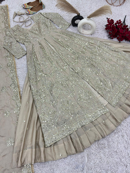 Marvelous Brown Color Pure heavy Chinon Silk With Heavy Embroidery Sequence Work Designer Top With Lehenga