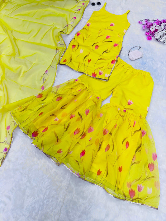 Haldi Wear Yellow Color Digital Printed Organza Kurta With Sharara Suit