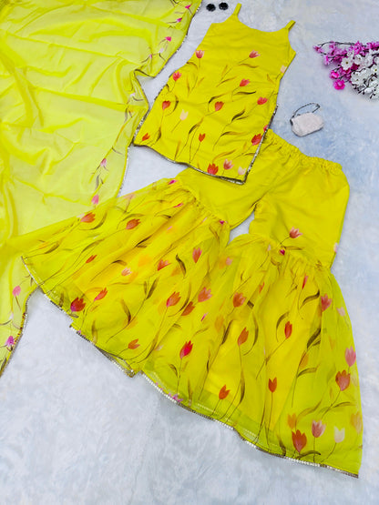 Haldi Wear Yellow Color Digital Printed Organza Kurta With Sharara Suit