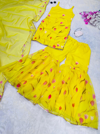 Haldi Wear Yellow Color Digital Printed Organza Kurta With Sharara Suit