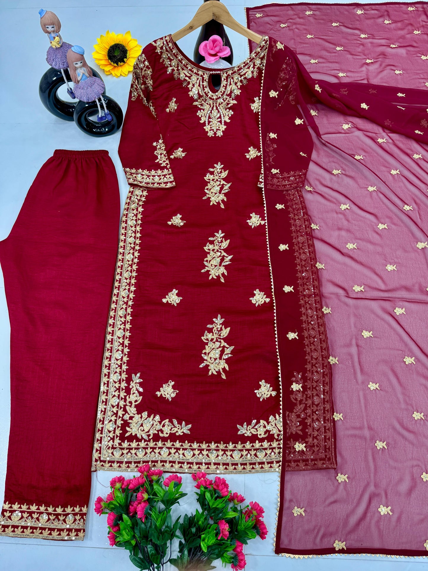 Alluring Maroon Color Heavy Vichitra Silk With Embroidery Sequences Work Designer Palazzo Suit