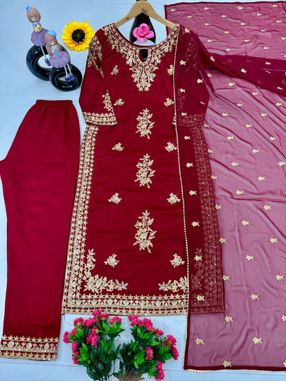 Alluring Maroon Color Heavy Vichitra Silk With Embroidery Sequences Work Designer Palazzo Suit