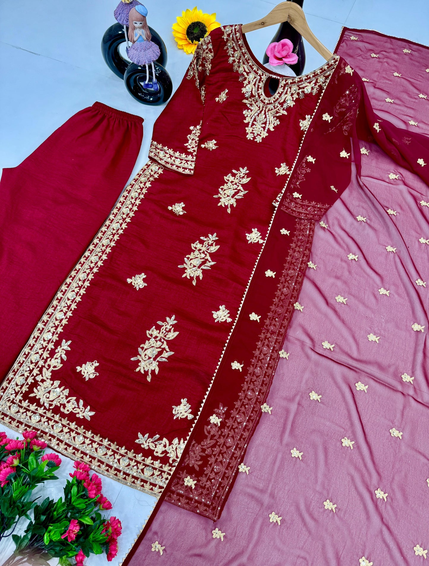 Alluring Maroon Color Heavy Vichitra Silk With Embroidery Sequences Work Designer Palazzo Suit