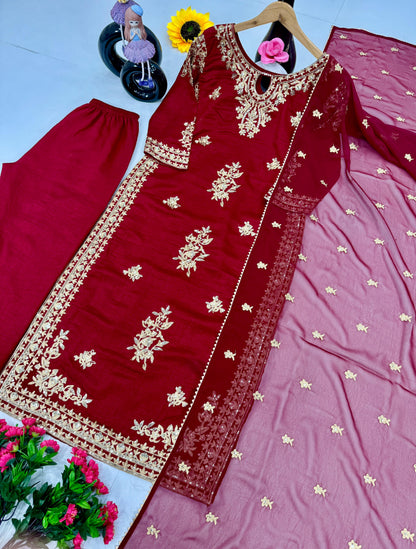 Alluring Maroon Color Heavy Vichitra Silk With Embroidery Sequences Work Designer Palazzo Suit