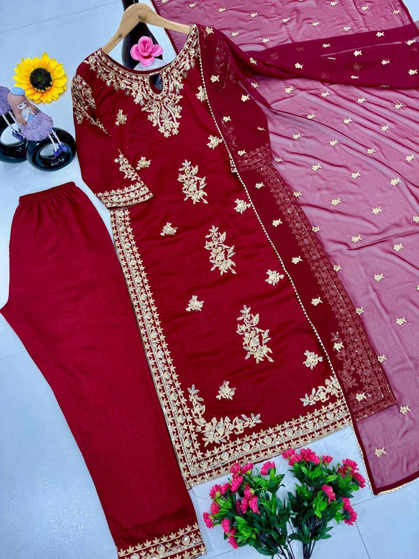 Alluring Maroon Color Heavy Vichitra Silk With Embroidery Sequences Work Designer Palazzo Suit