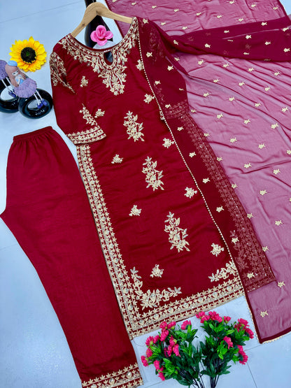 Alluring Maroon Color Heavy Vichitra Silk With Embroidery Sequences Work Designer Palazzo Suit