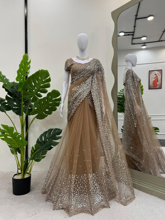 Beautiful Beige Color Soft Net With Sequence Work Designer Saree