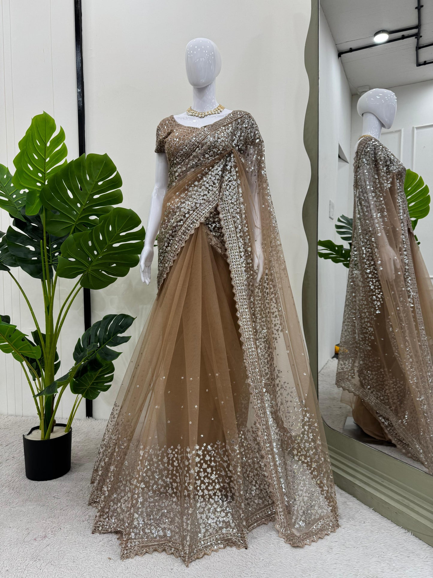 Beautiful Beige Color Soft Net With Sequence Work Designer Saree
