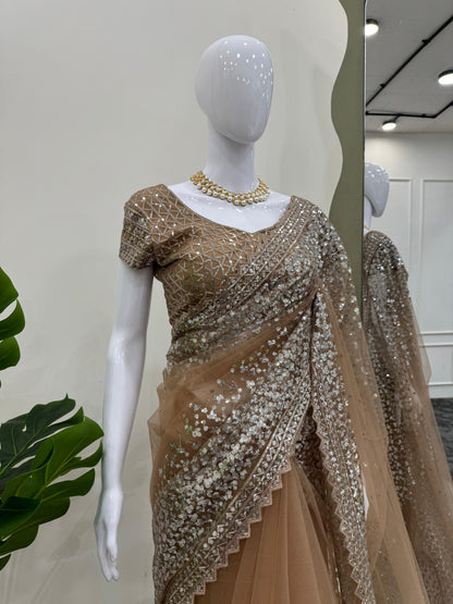 Beautiful Beige Color Soft Net With Sequence Work Designer Saree