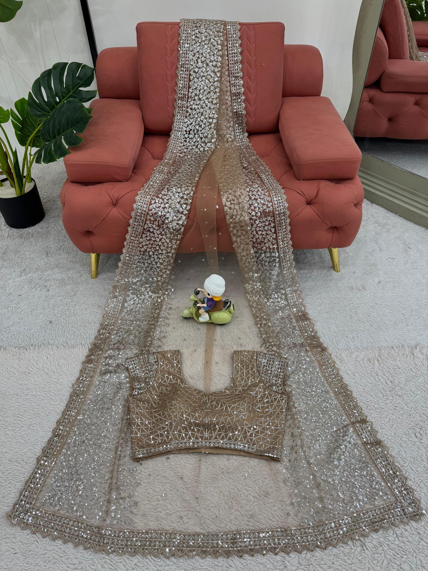 Beautiful Beige Color Soft Net With Sequence Work Designer Saree
