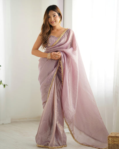 Ceremony Wear Light Dusty Mauve Color Premium Quality Gold Crush Tissue Silk Fabric With Fancy Border Premium Lace Work Predrapped Saree