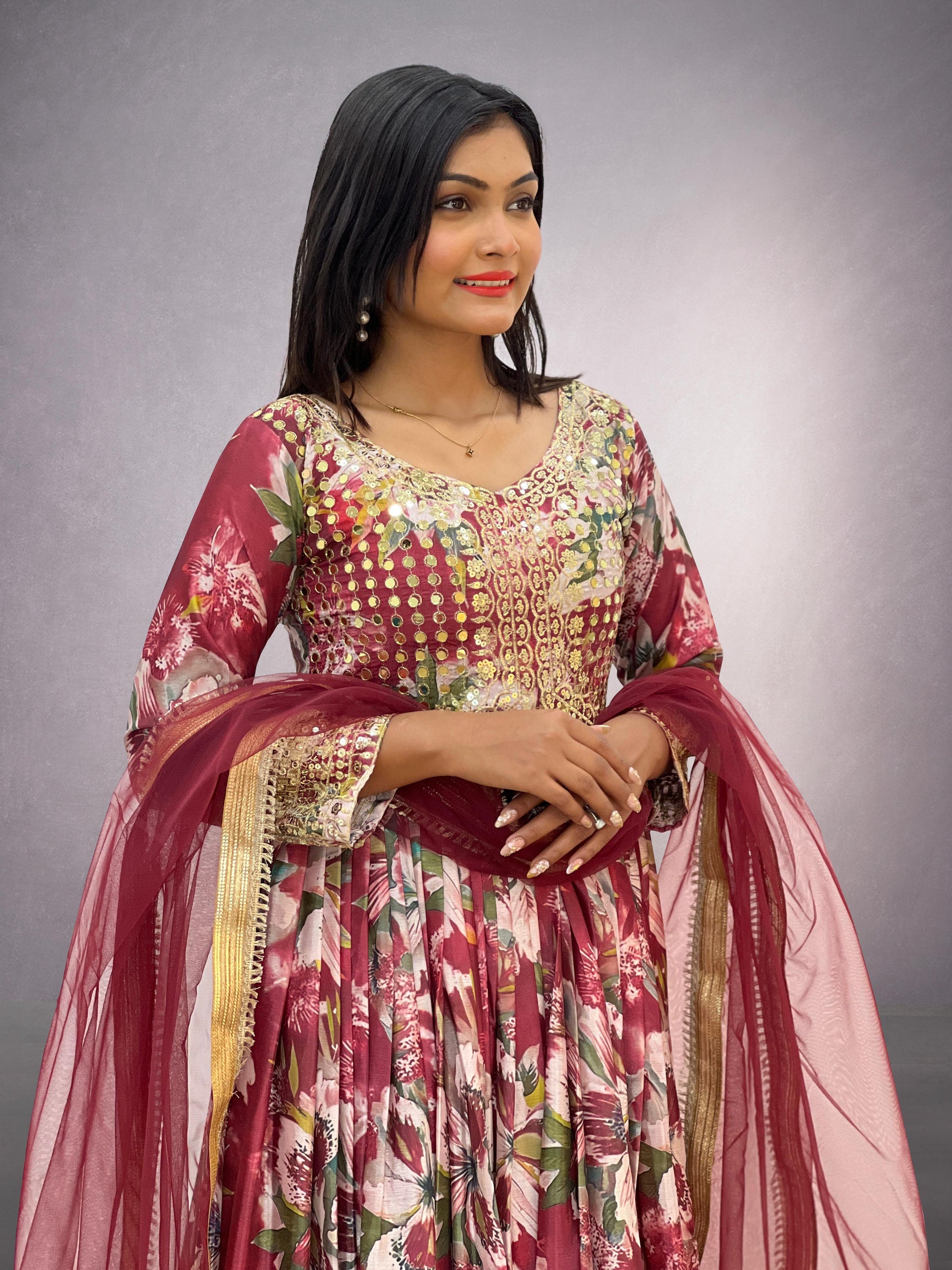 Beautiful Chinon Silk Red Multi Color Gown With Dupatta
