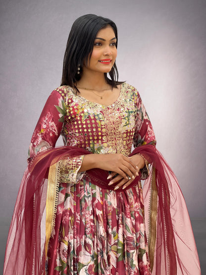 Beautiful Chinon Silk Red Multi Color Gown With Dupatta