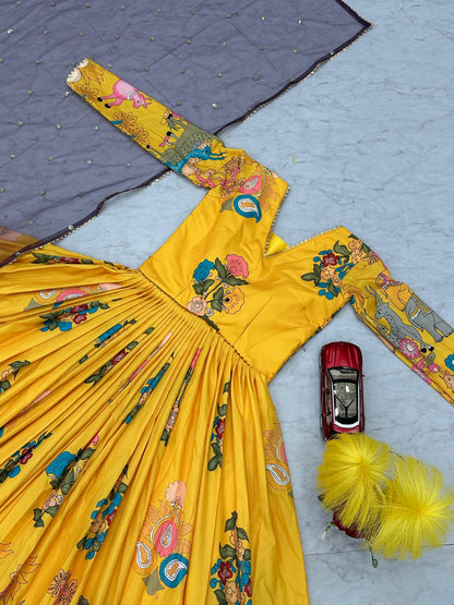 Stunning Yellow Color Cotton With Digital Printed Beautiful Gown