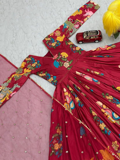 Stunning Red Color Cotton With Digital Printed Beautiful Gown