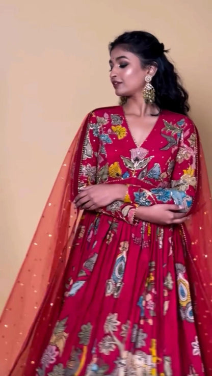 Stunning Red Color Cotton With Digital Printed Beautiful Gown