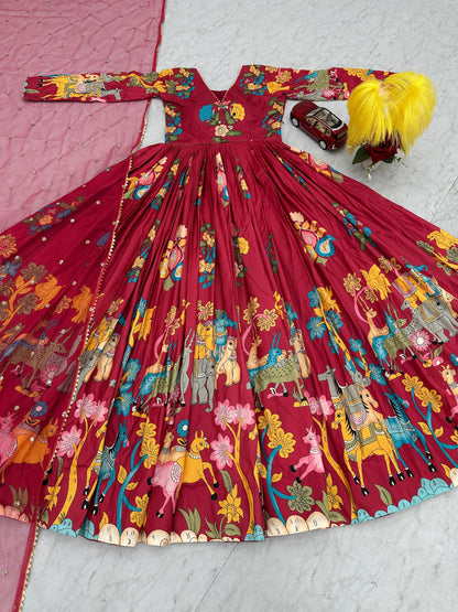 Stunning Red Color Cotton With Digital Printed Beautiful Gown