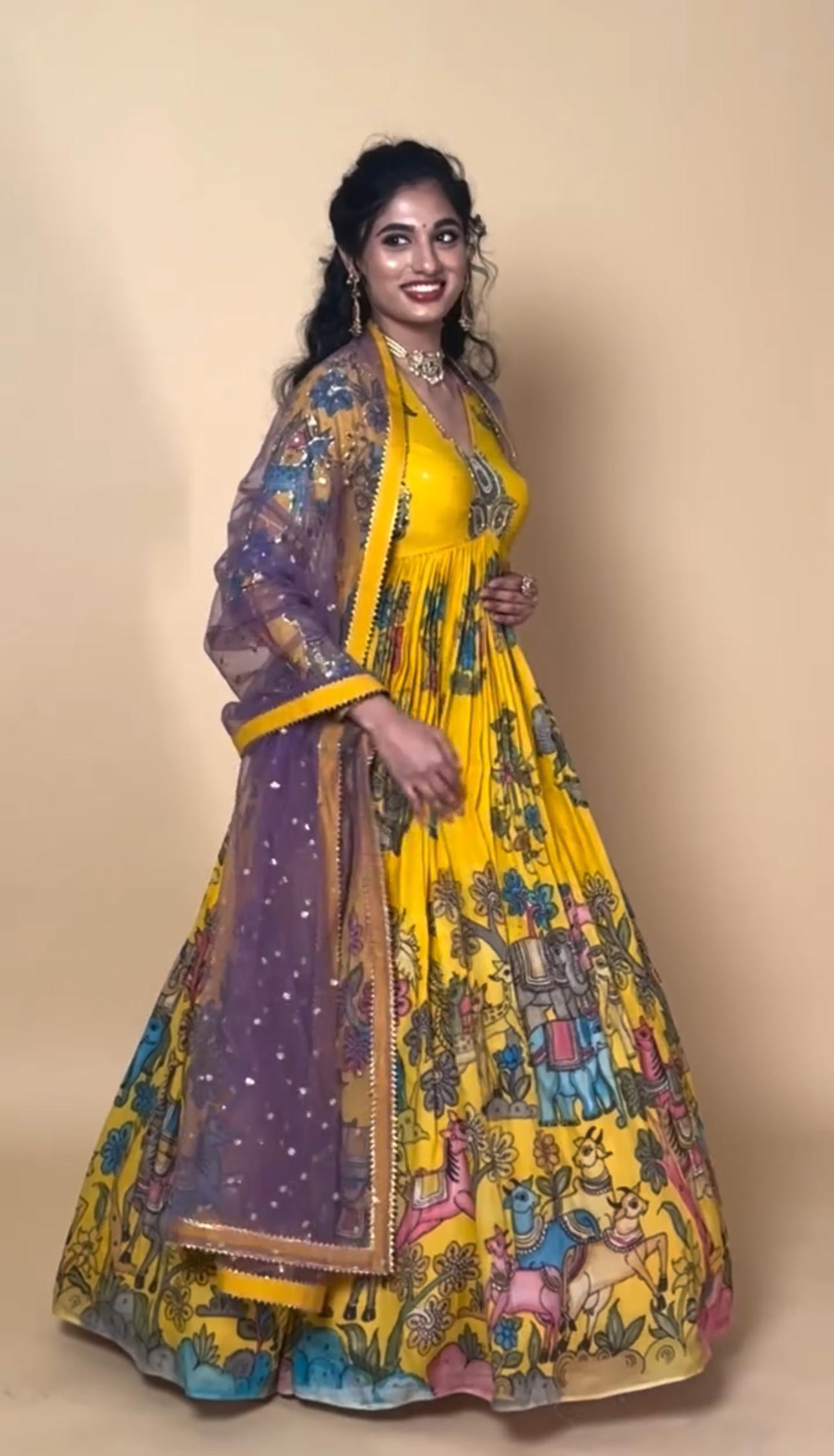 Stunning Yellow Color Cotton With Digital Printed Beautiful Gown
