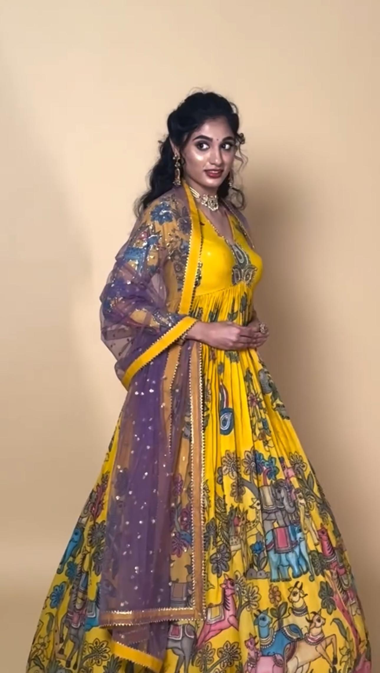Stunning Yellow Color Cotton With Digital Printed Beautiful Gown
