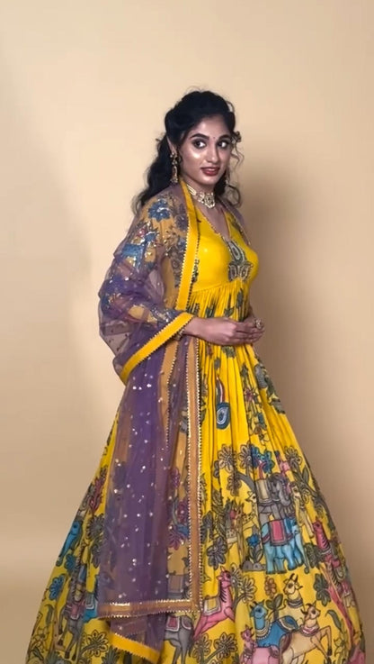 Stunning Yellow Color Cotton With Digital Printed Beautiful Gown