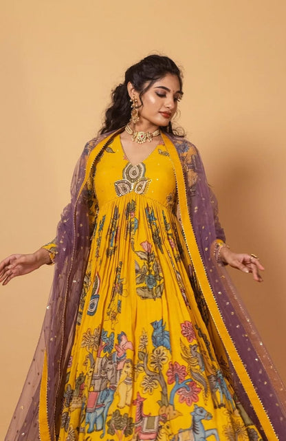 Stunning Yellow Color Cotton With Digital Printed Beautiful Gown