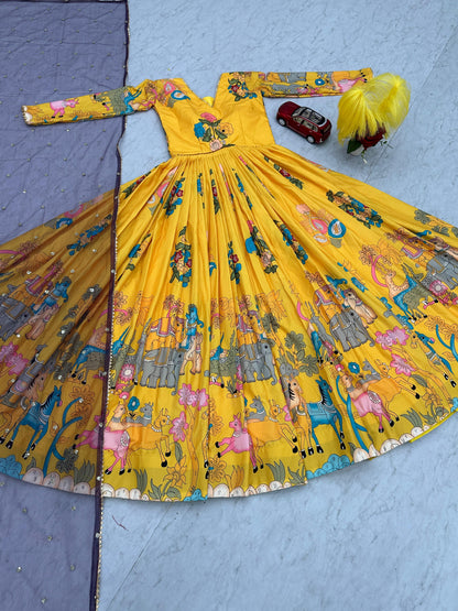 Stunning Yellow Color Cotton With Digital Printed Beautiful Gown