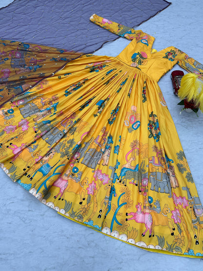 Stunning Yellow Color Cotton With Digital Printed Beautiful Gown
